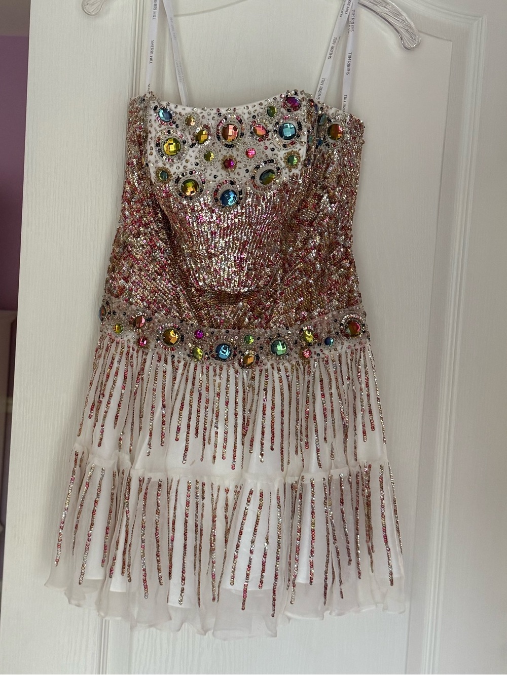 Sherri Hill White/Pink Sequin Dress with Multicolored Gem Embellishments